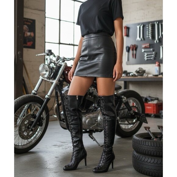 Womens Thigh High Boots 6.5 Faux Leather Lace Up Zip Soft Lined Jessica Simpson - Picture 1 of 15